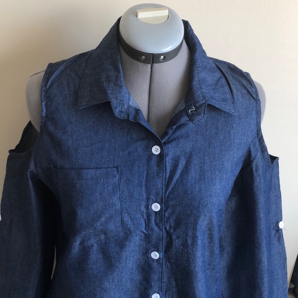 Cold Shoulder Button Down Jean Shirt - Picture 1 of 7